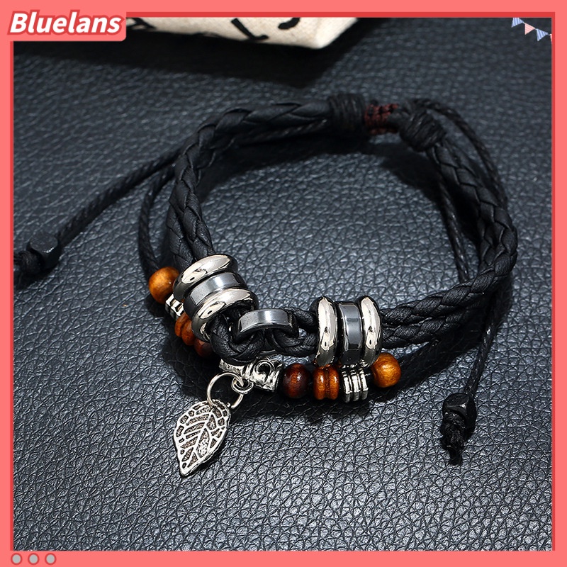 [BLS] Kepribadian Fashion Kreatif multi-layer Anyaman Daun Liontin Pria Gelang Kulit