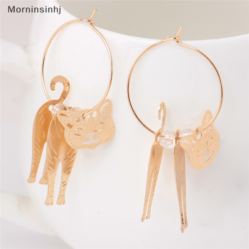 Mornin Lingkaran Emas Hewan Kucing Liontin Anting Mutiara Kait Drop Menjuntai Earrings Perhiasan id