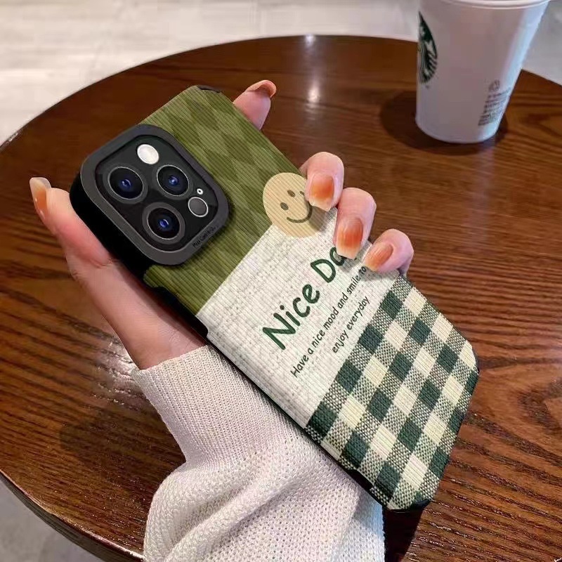 【Lamb Skin】SoftCase for IPhone 6S 7 Plus 8 Plus X XS XR XS Max 11 13 12 14 PRO Max 14 Plus 12 13 MINI Phone Case Pretty Green Smile Nice Day casing hp iphone xr