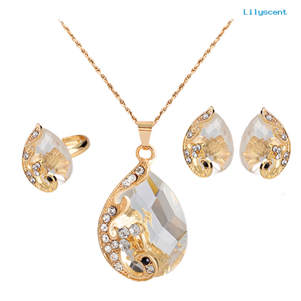 [LS] Set Perhiasan Berlian Imitasi Hias Temperamen Alloy Indah Tetesan Air Liontin Anting Cincin Untuk Anniversary