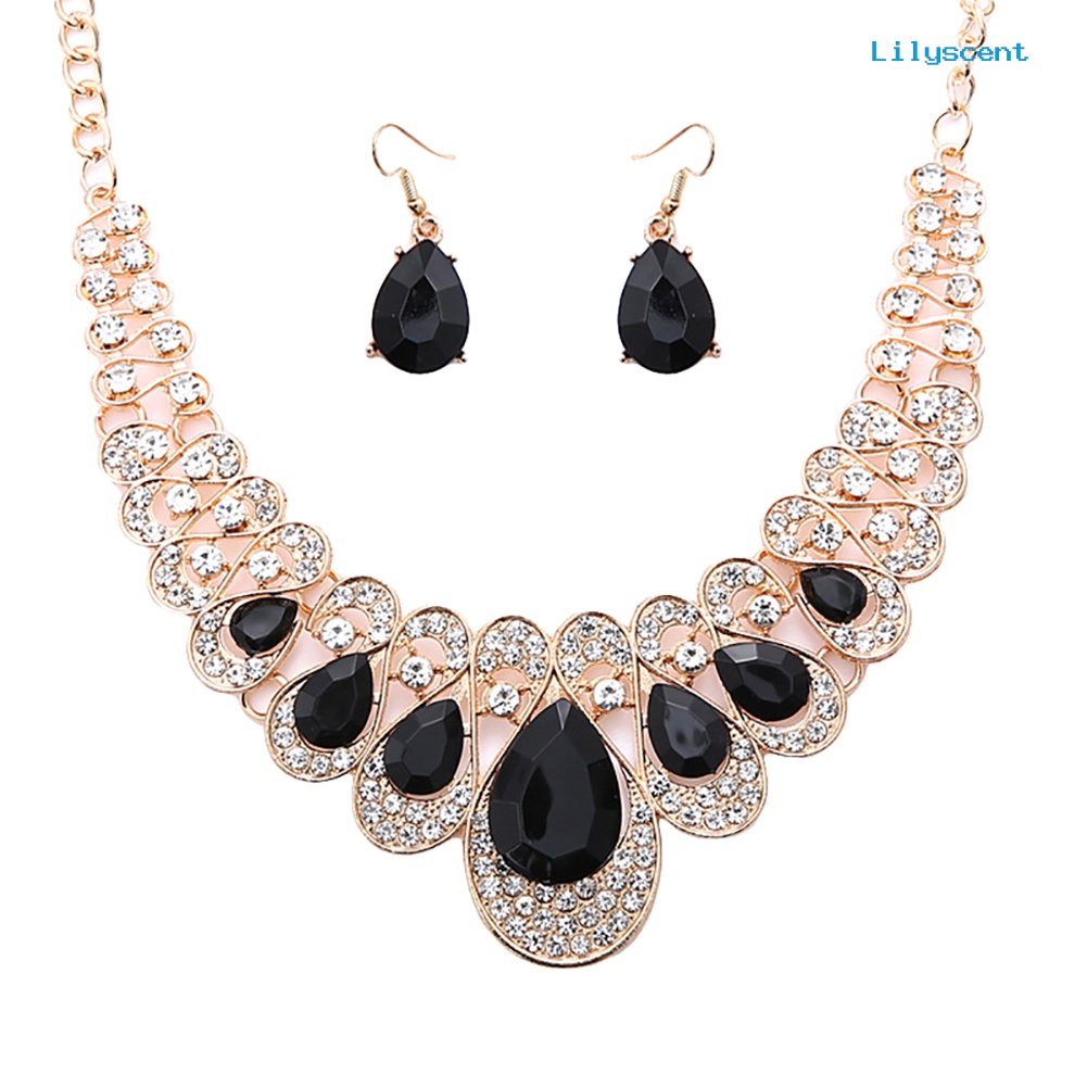 [LS]2Pcs/Set Teardrop Berlian Imitasi Statement Bib Kalung Anting Perhiasan Pengantin Hadiah