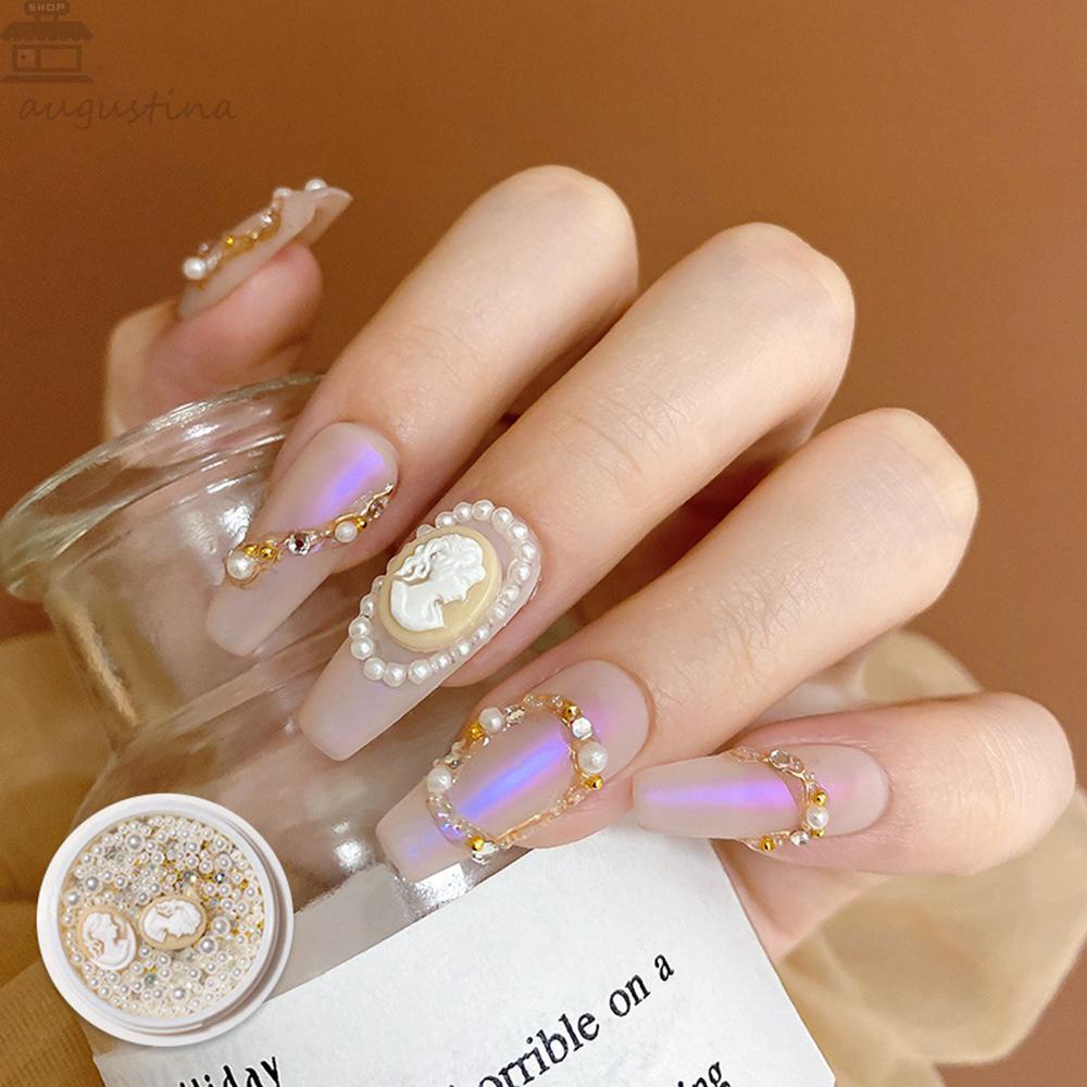 AUGUSTINA Agustina 3D Nail Art Dekorasi Retroe Resin Mutiara Lady Head Desain Campur Vintage Nail Rhinestones