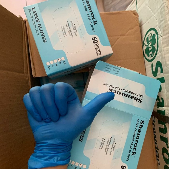 SARUNG TANGAN DISPOSABLE MEDIS INDUSTRI HIGENIS LATEX WARNA BIRU SHAMROCK ISI 50 PCS