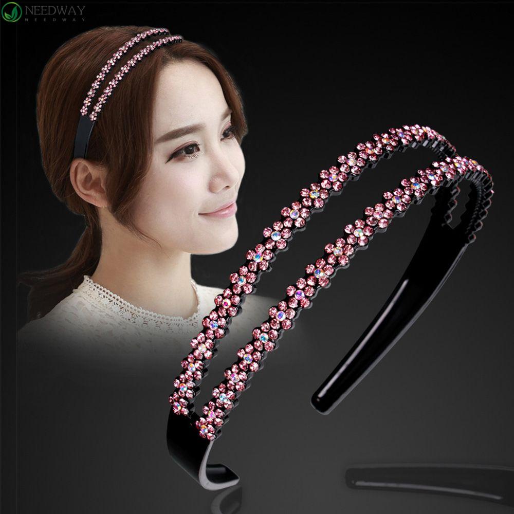 NEEDWAY Bando Korea Sederhana Penuh Berlian Imitasi Anti-slip Baris Ganda Plum blossom Hair Band