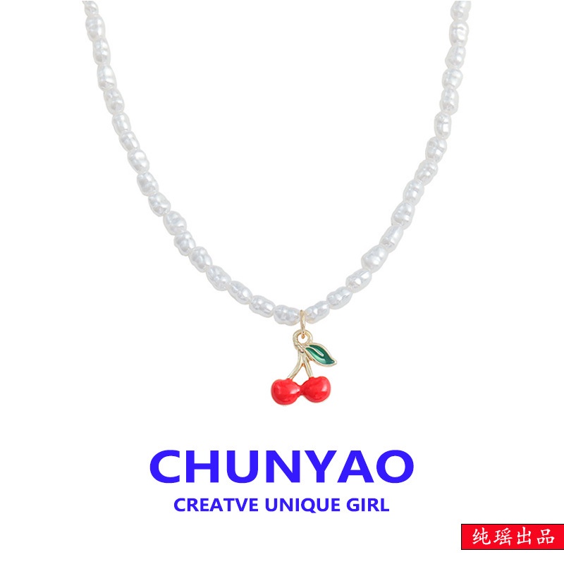 Cherry French Retro Kalung Mutiara Lembut Temperamen Manis Desain All-Match Rantai Klavikula Pengaruh Perempuan