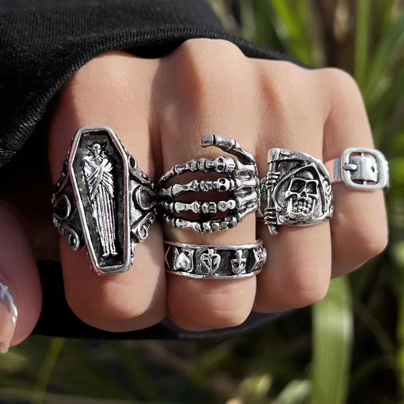 Geometris Kristal Set Cincin Untuk Pria Gothic Punk Vintage Tengkorak Kerangka Ular Kupu-Kupu Malaikat Rings Perhiasan Hadiah Pesta