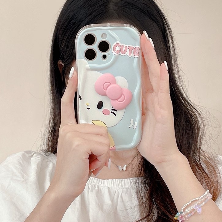 Cream Casing Pink Melody Kitty Bow Popsocket Soft Case HP iP iPhone 6 6S 7 8 14 + Plus SE 2020 2022 X XS XR 11 12 13 Pro Max Girl Woman