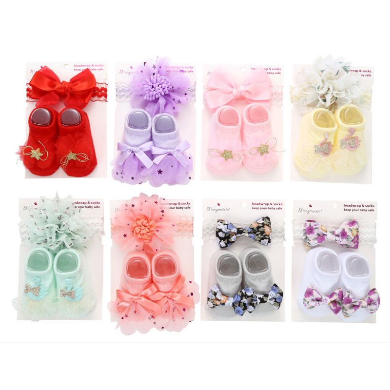 (pimenova) set kaoskaki dan bandana bayi bandana set baby headband baby socks