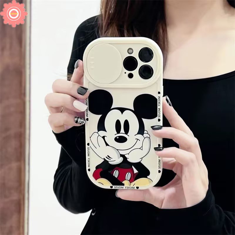 Couple Cute Mickey Mouse Phone Case Compatible for iPhone 11 13 12 Pro Max 7Plus 8Plus XR X XS Max Push Pull Window Cartoon Disney Strawberry Bear Lotso Camera Lens Protector Cover