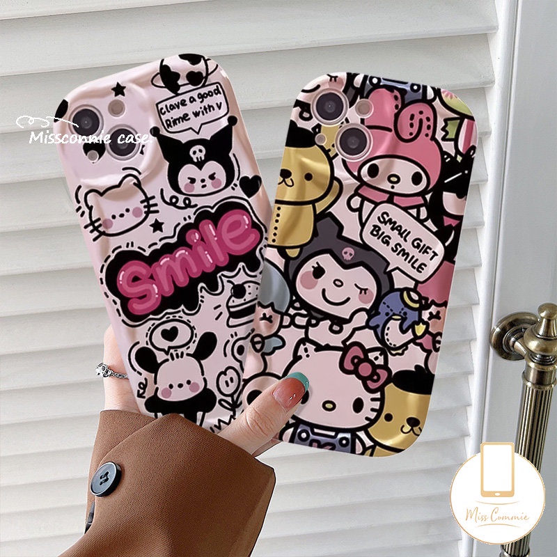 Cartoon Hello Kitty Cute Kuromi Case Compatible For iPhone 11 13 12 14 Pro Max 7 8 6 6s Plus X XR 7Plus XS Max SE 2020 Shockproof Doodle Comic English 3D Wavy Curved Edge Soft Case