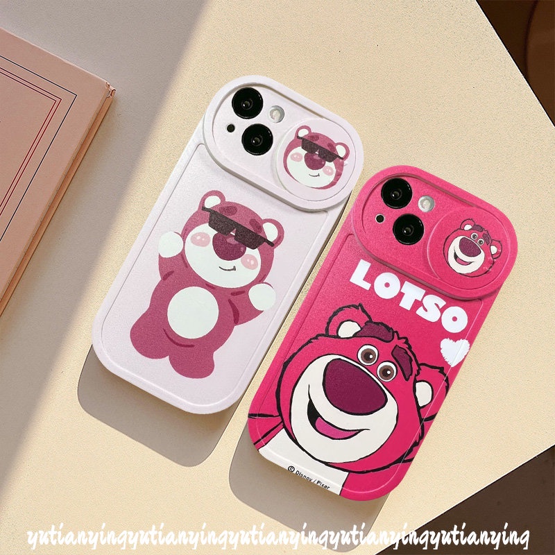 Cute Cartoon Strawberry Bear Lotso Push Pull Window Camera Lens Protector Case Compatible For iPhone 7Plus XR X XS Max 11 13 12 Pro Max 8Plus Funny Doraemon Cover