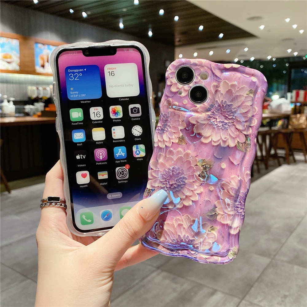 IPHONE Retro 3D Bunga Minyak Telepon Case Untuk Iphone11 12 13 14 Pro Max14 Plus Blue Ray Laser Soft Cover Gelombang Bingkai Tritone Shockproof