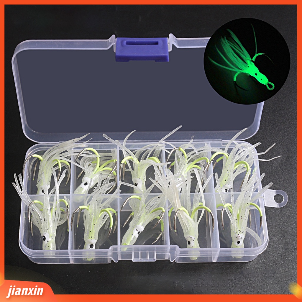 (In Stock) 10 Pcs Tajam Barber Gantung Lubang Compact Empat Cakar Lure Hooks Lembut Silikon Bercahaya Gurita Umpan Cumi Rok Jigging Kait Perlengkapan Memancing
