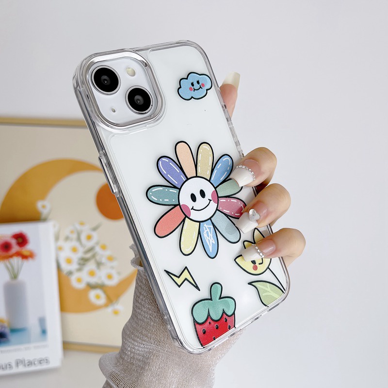 【Independent buttons】Clear Sunflower Silicone Soft Case IPhone 6S 7 8 Plus SE XR XS Max 11 12 13 14 Pro Max 14 Plus strawberry Cute for Girl Women