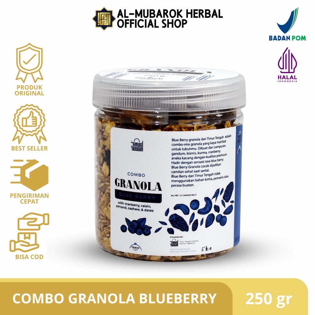 

Combo Granola Toples Honey & Blueberry Premium 250 gram Timur Tengah Garnola Sereal Makanan Sehat High Quality Cemilan Diet Sarapan Sehat Oat Gandum Utuh Kismis Kurma Almond Mede Mete Rasa Blue Berry Bluberry 250g