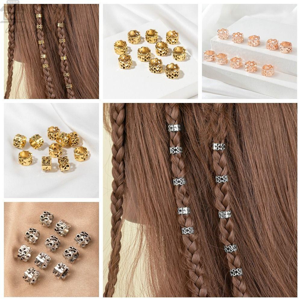 AUGUSTINA 10pcs /set Manik-Manik Rambut, Klip Cincin Rambut Perak, Perhiasan Manik-Manik Rambut Gimbal Kepang Bahan Alloy Emas Untuk Pesta