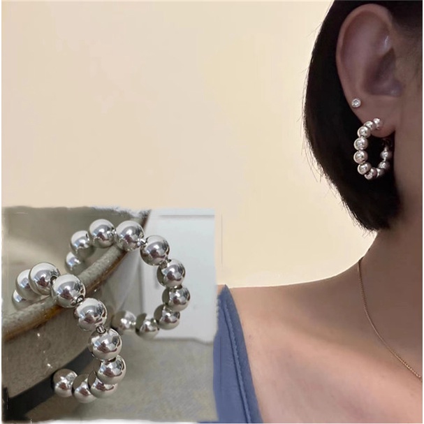 Versi Korea INS style Anting Manik Bulat Pribadi, Anting stainless steel Manik Bulat Berbentuk C Eropa Dan Amerika