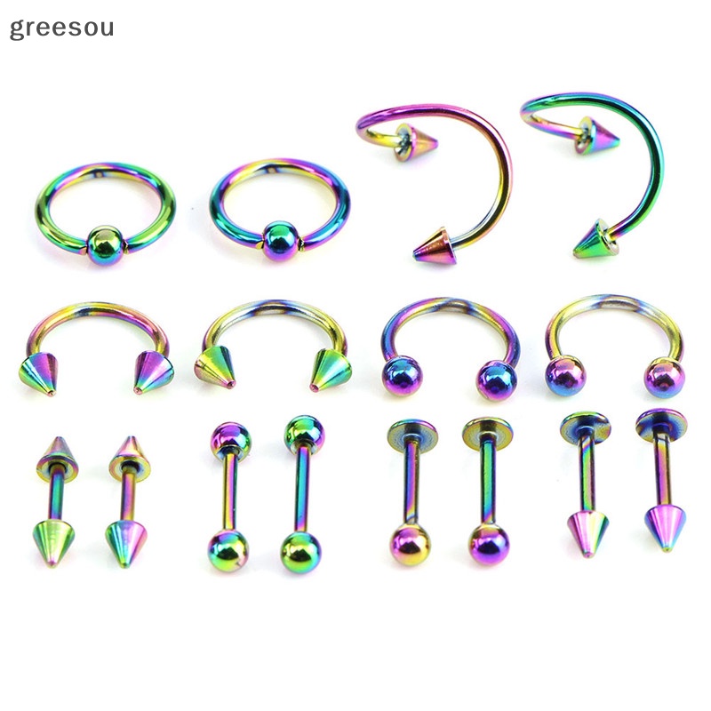 Greesou 16PCS /Set Cincin Bar Lidah Perut Spiral Stainless Steel Perhiasan Alis ID