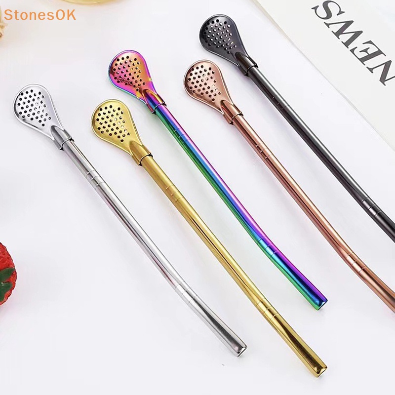 Batu Warna Warni304 Sedotan Minum Teh Stainless Steel Sendok Yerba Mate Tea Filter Reusable Metal Kitchen Bar Milk Tea Stirring Spoon ID