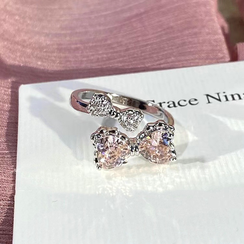 Baru Tiba Romantis Indah Merah Muda Ikatan Simpul Desain Perempuan Indah Perhiasan Cincin Dengan Micro Bow Tie Zircon Untuk Pesta Dan Pacaran