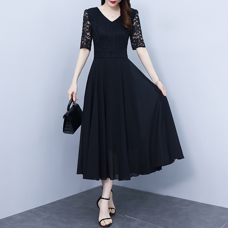 FAN 2025 Gaun Renda Lengan Pendek Hitam Korea Baru/dress hitam panjang/dress pesta wanita
