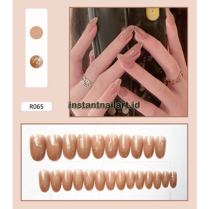 R-065 Oval Beige Gold Glitter Kuku Palsu Fake Nails Wedding Bridal