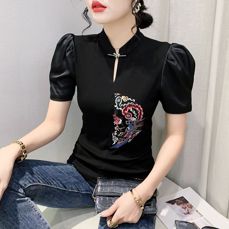 Bubble sleeve temperament thin button stand collar blouse Chinese style China-Chic style embroidery 