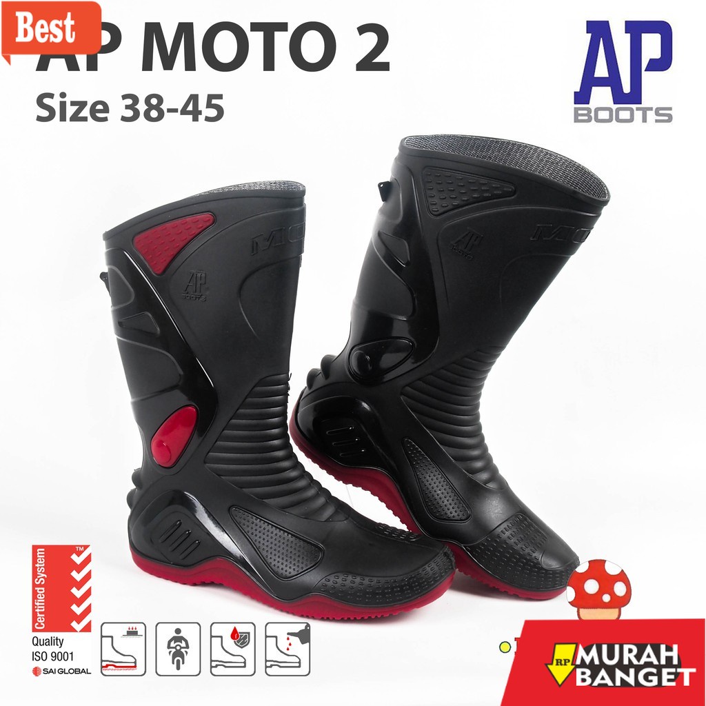 Boot pria terbaru- SEPATU BOOT TINGGI AP BOOTS AP MOTO 2 HITAM MERAH SEPATU BOOT KARET BIKERS MOTOR 