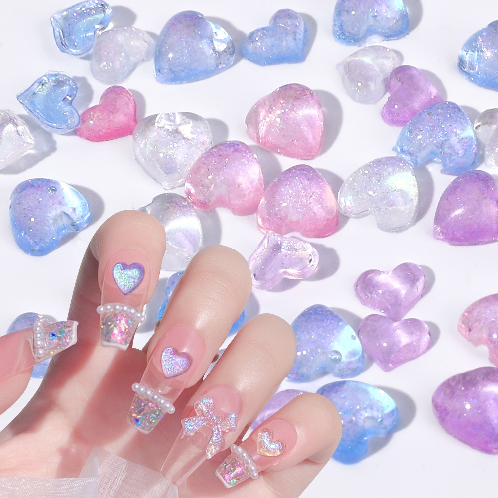 Permen Warna Mutiara Glitter Halus Berbentuk Hati Perhiasan Kuku Tiga Dimensi DIY Nail Art Cinta Busur Patch 3D Resin Camellia Berwarna Kuku Berlian Imitasi