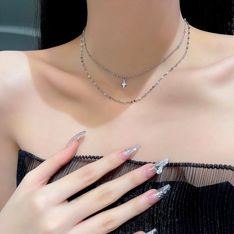 Magic789 Kalung Liontin Bintang Rantai Ganda Keren Untuk Wanita Gadis Kepribadian Manik Bulat Kecil Rantai Leher Temperamen Perhiasan Leher Pakaian Sehari-Hari