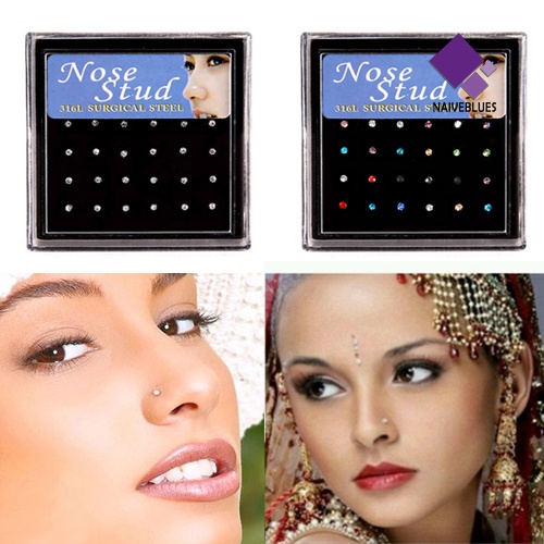 Naiveblue &gt; 12pasang Wanita Berlian Imitasi Bar Cincin Stainless Steel Tindik Hidung