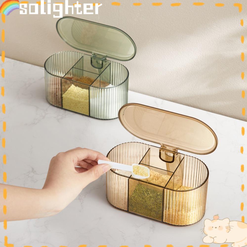 Solighter Kotak Penyimpanan Bumbu 4kisi BBQ Masak Herbal Organizer Mangkuk Garam Shaker Toples Botol Wijen Dengan Tutup Spice Storage Jar