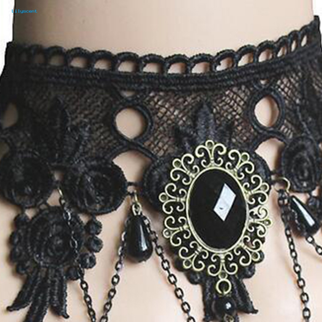 Lilyscent Anting Kait Lebar Perhiasan Fashion Gaya Gothic Punk Choker Kalung Gelang Renda Bunga