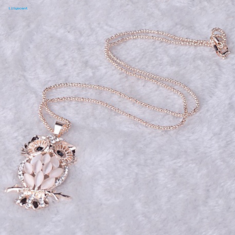 Lilyscent Elegan Wanita Berlian Imitasi Imitasi Opal Inlay Owl Pendant Kalung Pesta Perhiasan