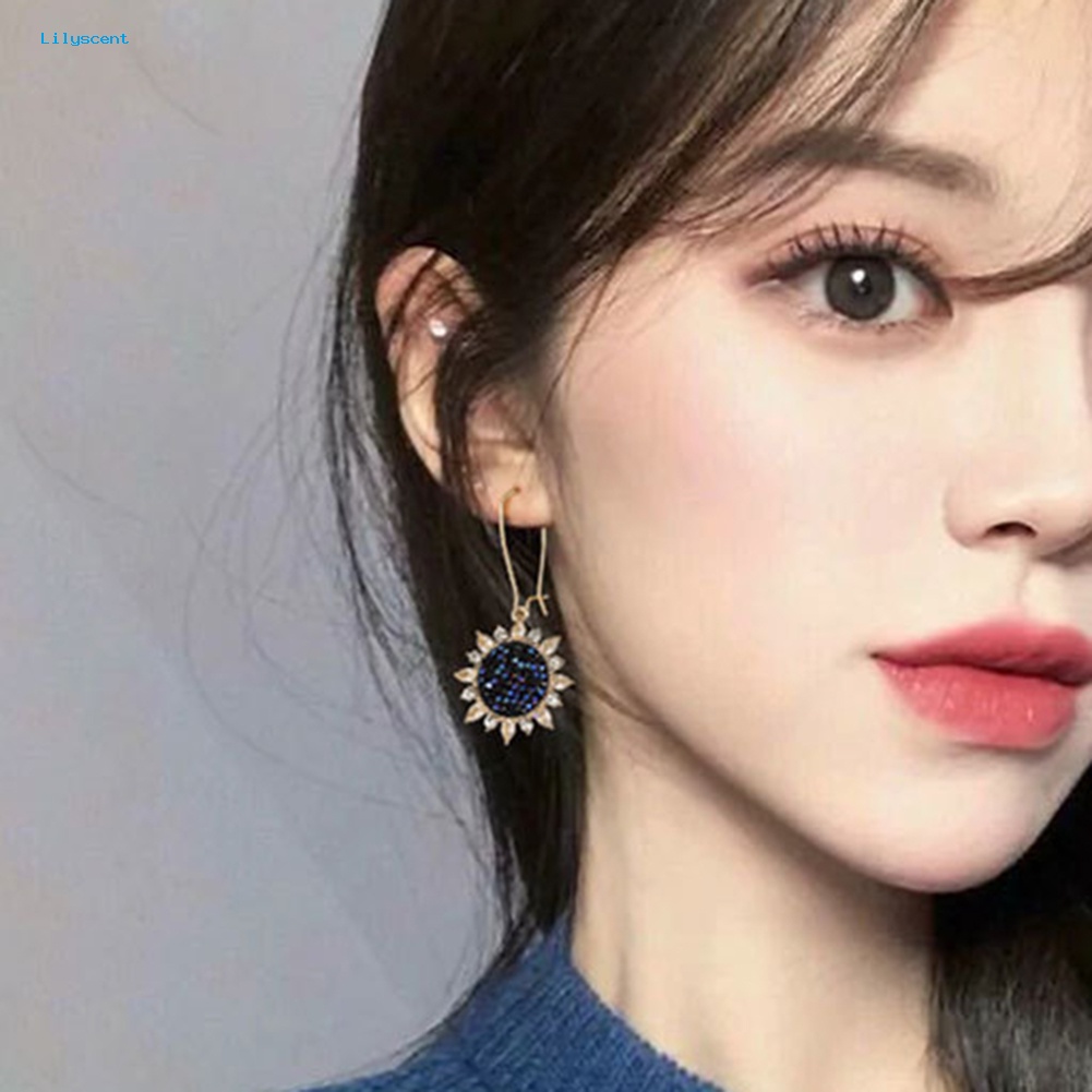 Lilyscent Pesta Mewah Wanita Bunga Matahari Liontin Cubic Zirconia Hias Leverback Earrings