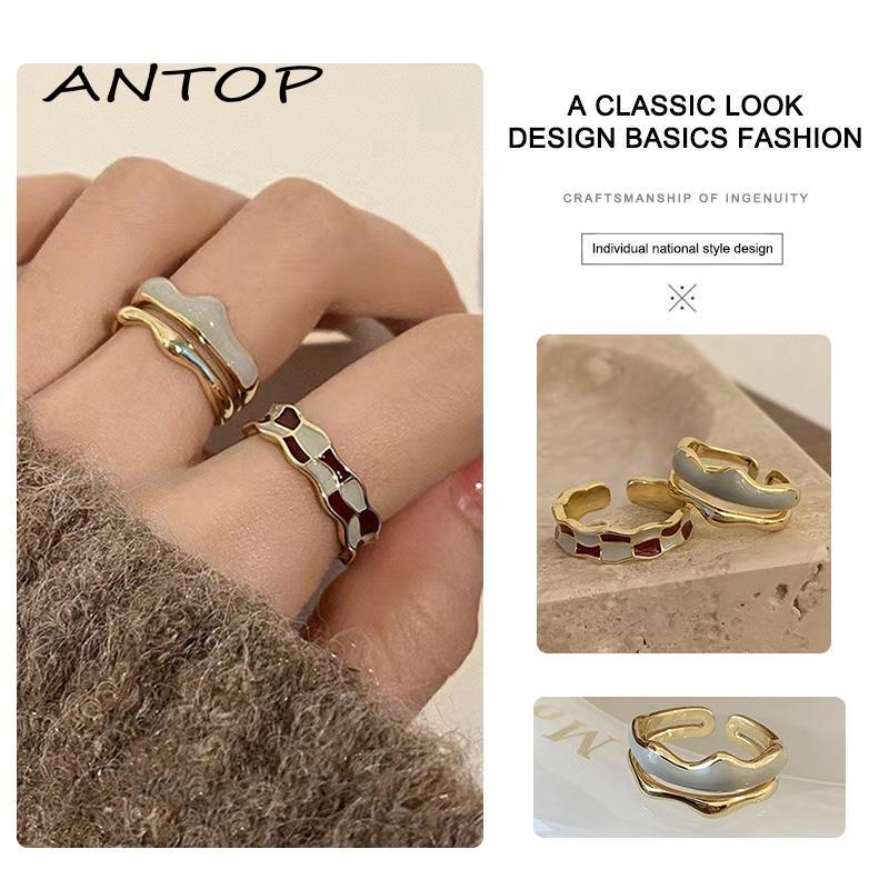 [Antop Termurah] Cincin Jari Telunjuk Terbuka Enamel Chessboard Plaid Ring Women Design Sense French Vintage