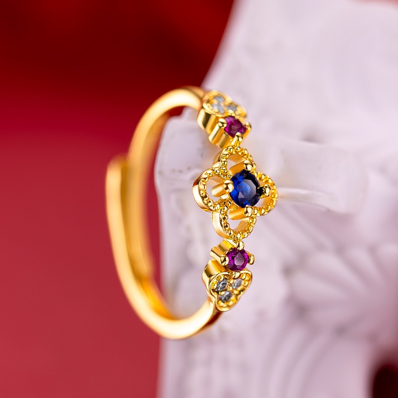 Goldkingdom Perhiasan Fashion 24K Bangkok Aksesoris Ready Stock Empat Daun Rumput Berlian Cincin Wanita Berlapis Emas Serbaguna Ring