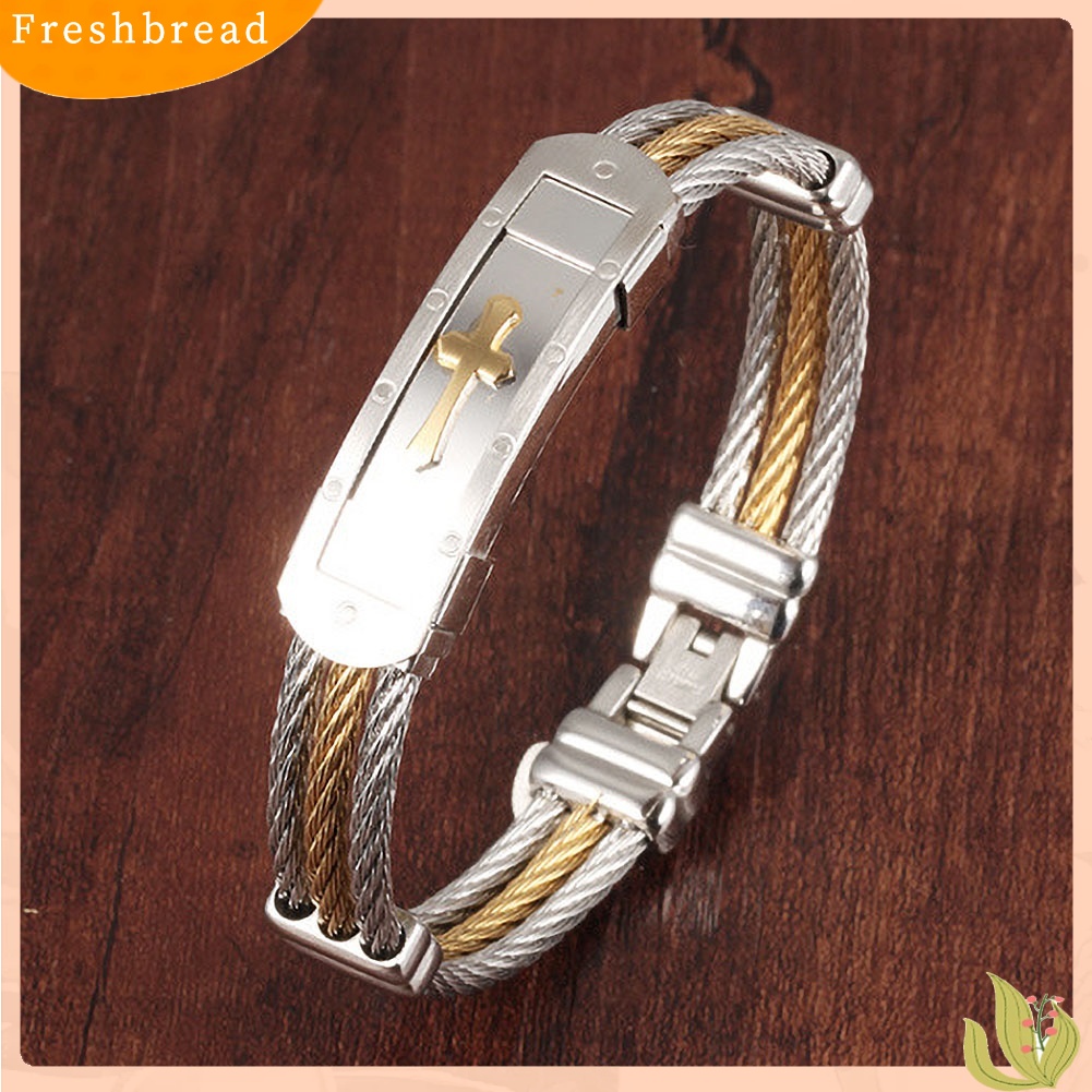 &lt; Freshbread &gt; Perhiasan Gelang Tangan Bangle Salib Tiga Lapisan Stainless Steel Unisex Bergaya