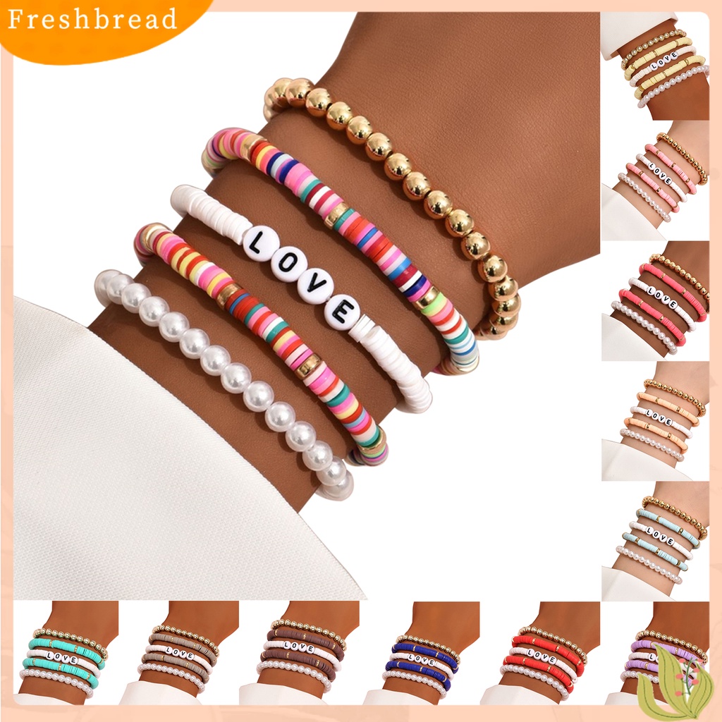 &lt; Freshbread &gt; 5Pcs Gelang Unisex Warna-Warni Bohemian Polymer Clay Love Huruf Mutiara Imitasi Gelang Untuk Pesta