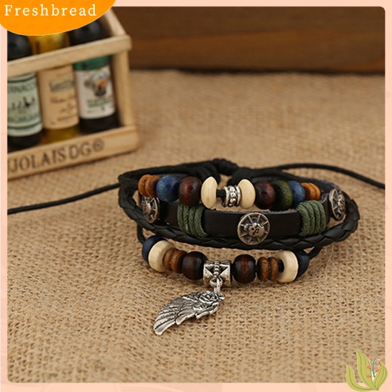 &lt; Freshbread &gt; Unisex Vintage Multilayer Faux Leather Wing Charm Wooden Beads Gelang Bangle