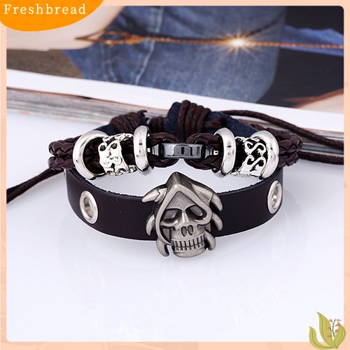 &lt; Freshbread &gt; Fashion Pria Wanita Punk Tengkorak Dikepang Kulit Imitasi Multilayer Buatan Tangan Gelang