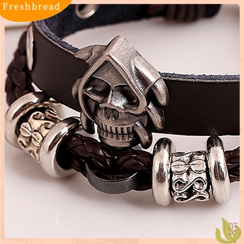 &lt; Freshbread &gt; Fashion Pria Wanita Punk Tengkorak Dikepang Kulit Imitasi Multilayer Buatan Tangan Gelang