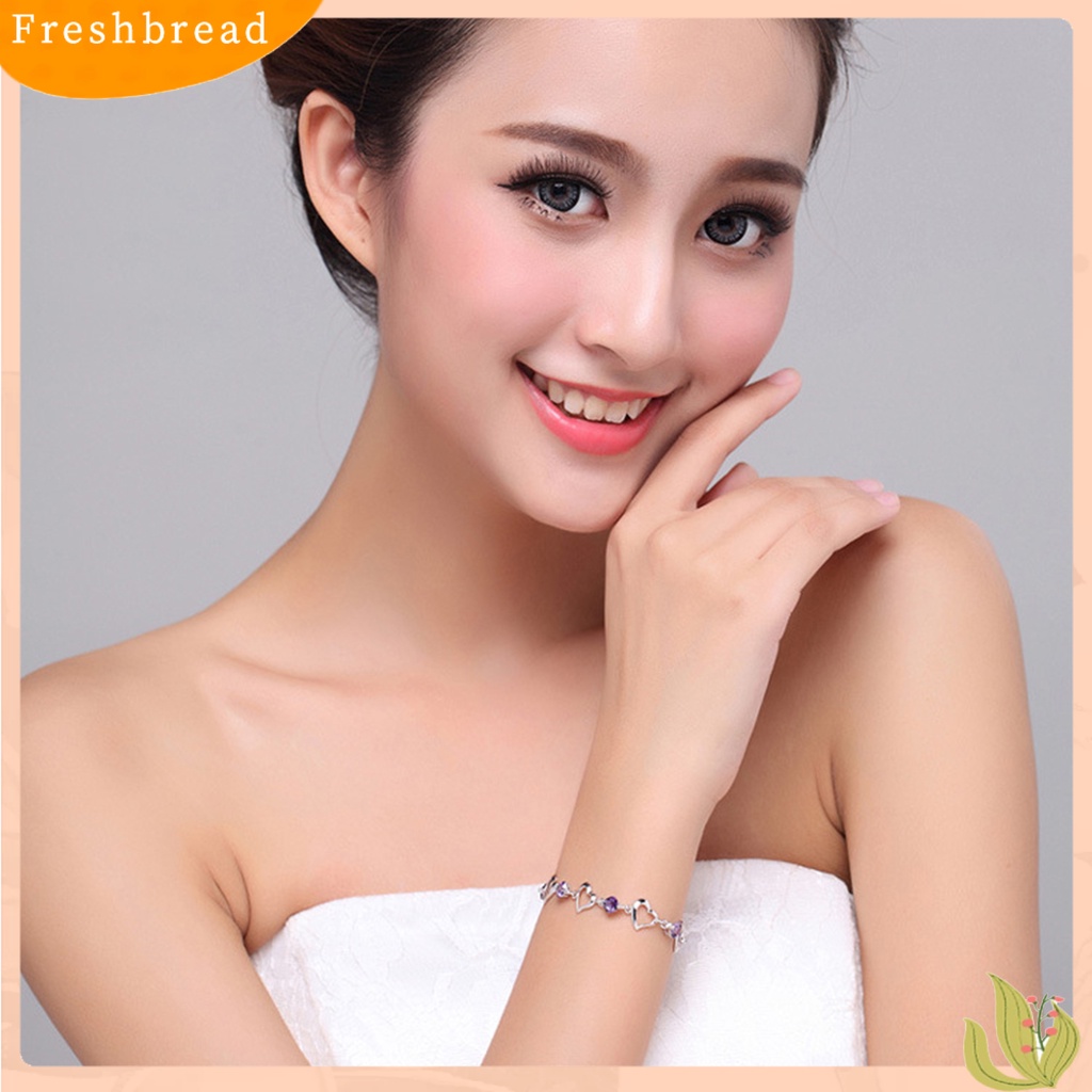 &lt; Freshbread &gt; Wanita Gelang Adjustable Berlian Imitasi Mengkilap Hias Perak Berlapis Kilau Terang Hias Hadiah Wanita Berongga-out Jantung Pesona Gelang Fashion Perhiasan