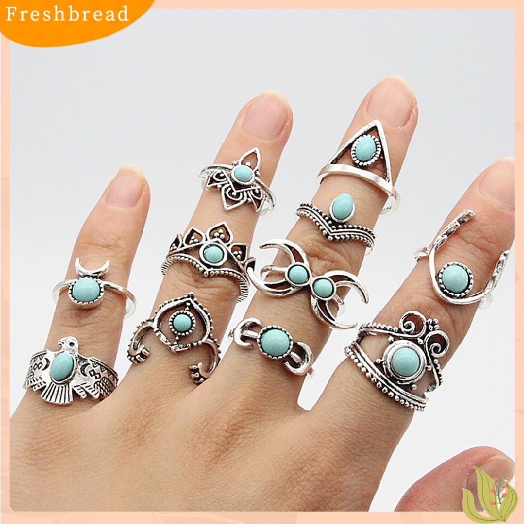 &lt; Freshbread &gt; 11 Pcs Berongga Bulu Stackable Knuckle Rings Gaya Etnik Bunga Permata Imitasi Jari Rings Perhiasan Aksesori