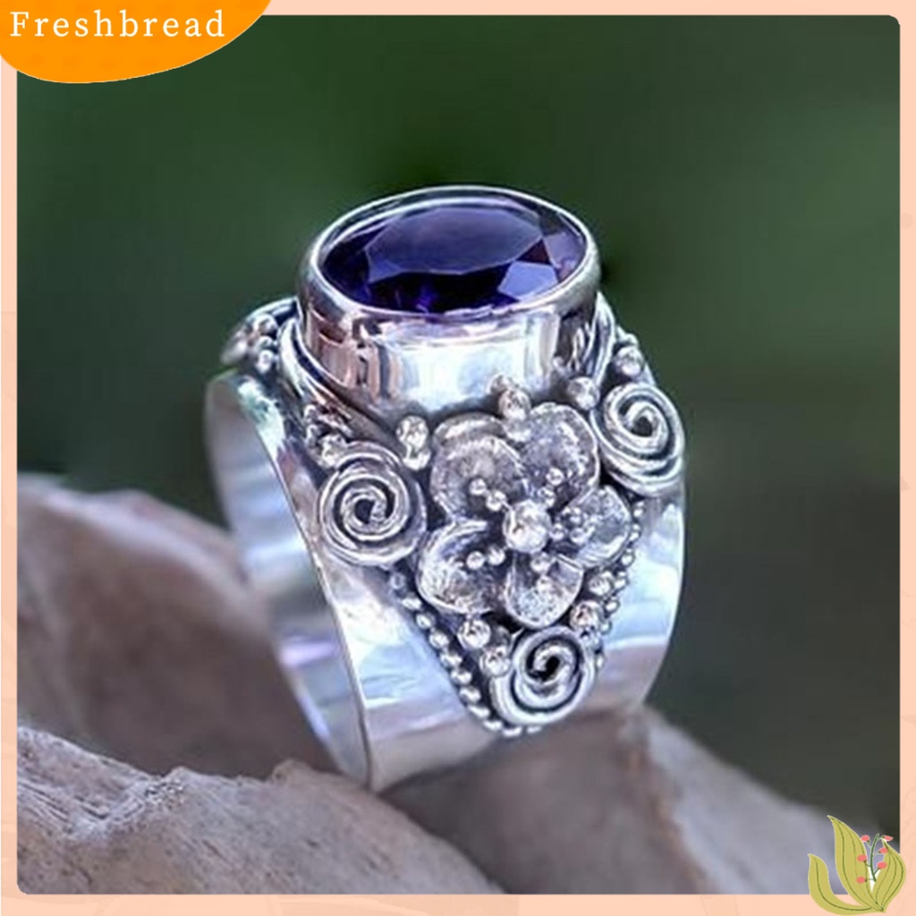 &lt; Freshbread &gt; Unisex Cincin Lebar Ukir Mewah Ungu Kristal Imitasi Jari Cincin Perhiasan Aksesoris