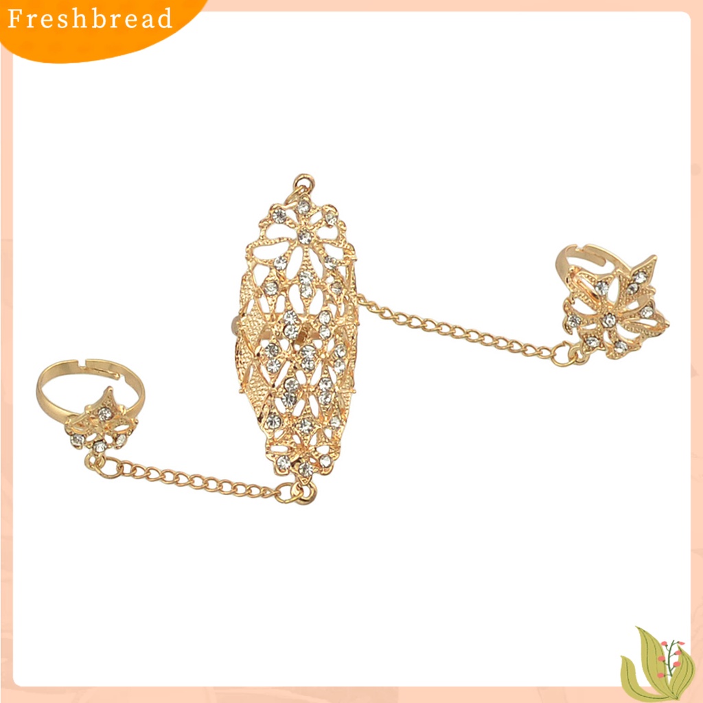 &lt; Freshbread &gt; Opening Ring Berlian Imitasi Tertanam Alloy Warna Emas Berlubang-out Leaf Dual Finger Chain Ring Untuk Pacaran