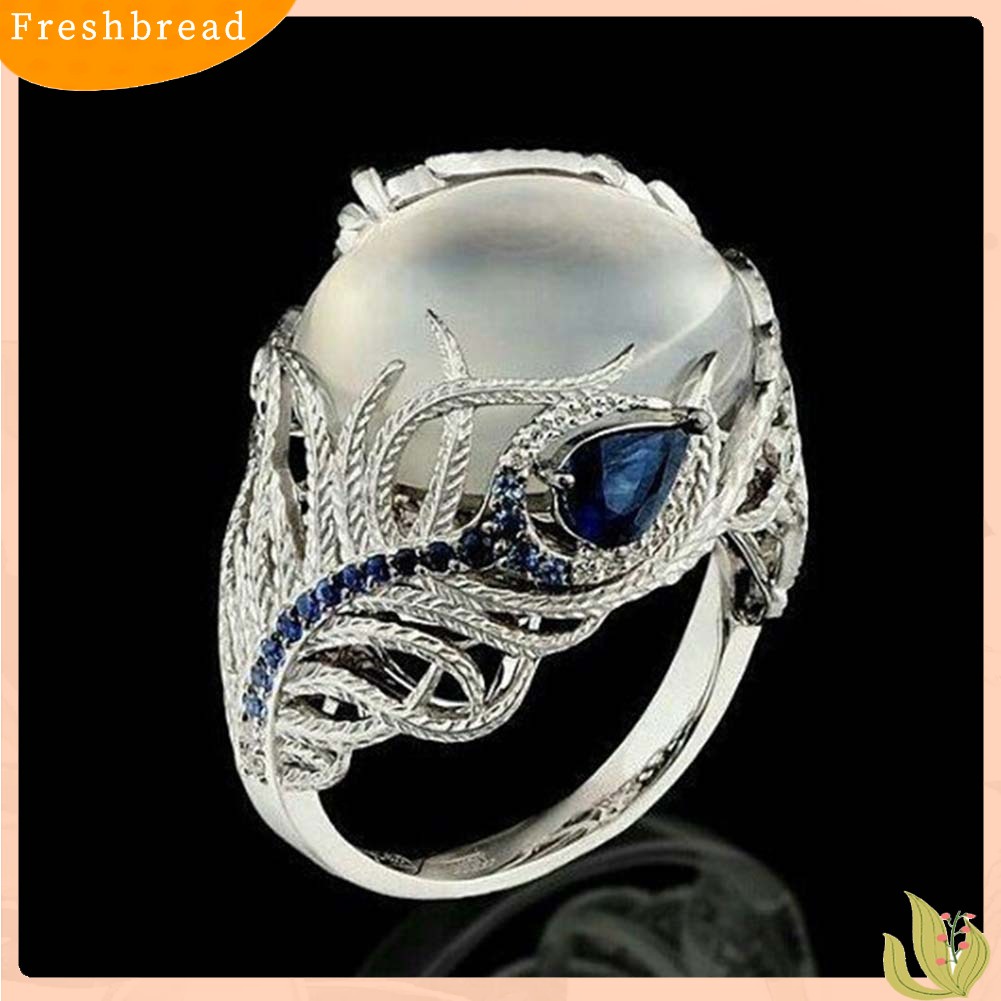 &lt; Freshbread &gt; Wanita Faux Sapphire Opal Hias Bulu Merak Jari Cincin Hadiah Perhiasan Pernikahan