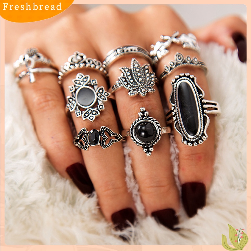 &lt; Freshbread &gt; 11Pcs/set Cincin Buku Jari Jantung Dapat Ditumpuk Paduan Bohemia Hitam Permata Imitasi Jari Rings Perhiasan Aksesori