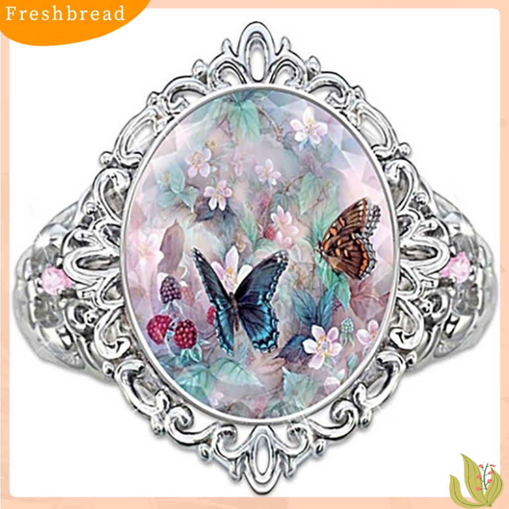 &lt; Freshbread &gt; Aksesori Perhiasan Wanita Dekorasi Elegan Potongan Oval Enamel Bunga Butterfly Ring Untuk Pesta