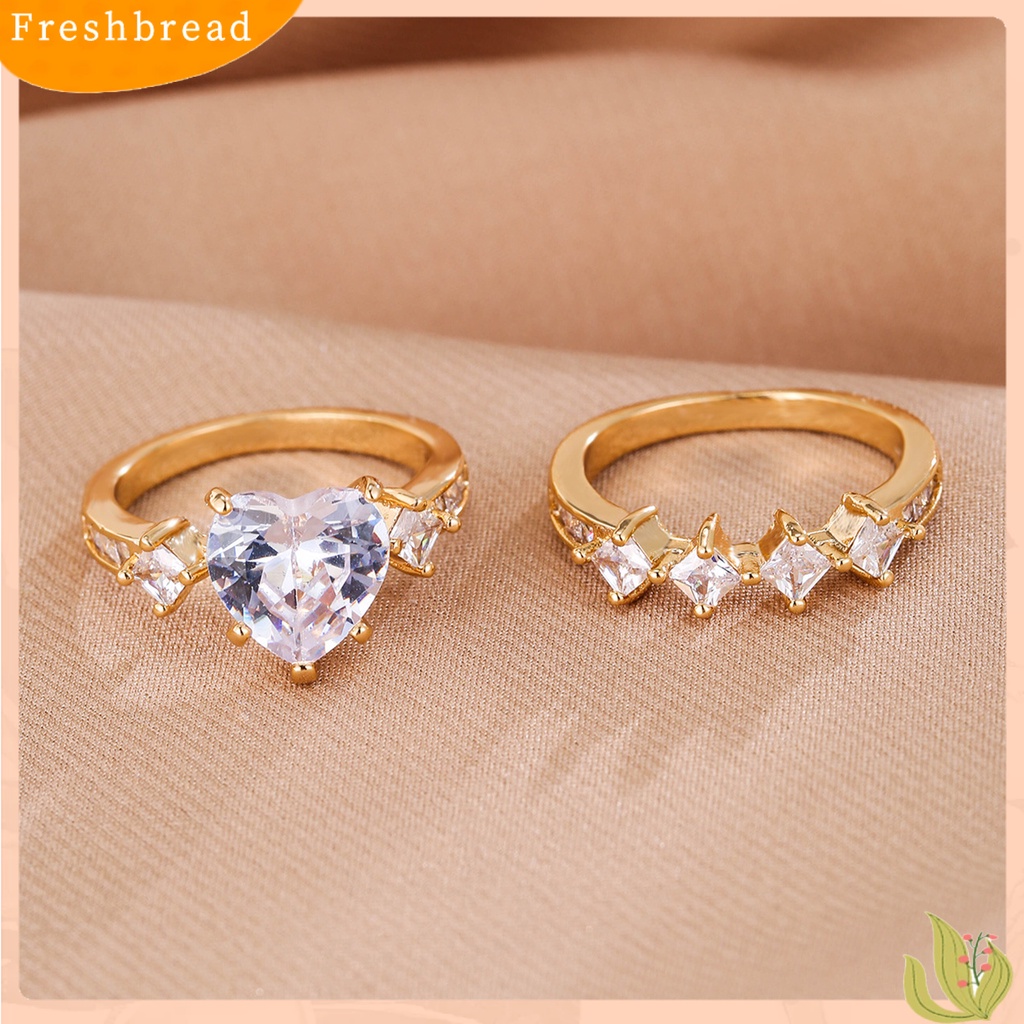 &lt; Freshbread &gt; 2pcs/Set Lady Set Cincin Bentuk Hati Geometris Dipoles Mengkilap Cubic Zirconia Indah Jari Dekorasi Mewah Romantis Cinta Buku Jari Cincin Set Perhiasan